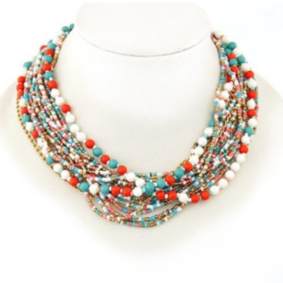SEED BEAD Multi Strand Statement Necklace Teal Red White Coral NEW! 497A1 - Picture 2 of 9